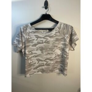 rue21 Girls XL Camo Short Sleeve Sweatshirt Lace Up Back Grey Tan Camouflage